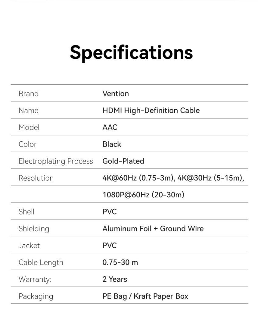 Vention HDMI 4K@60Hz cable 20m Black