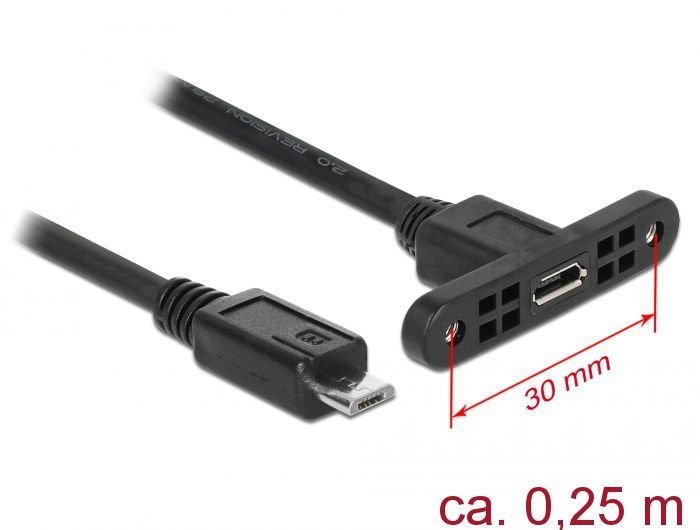 DeLock Cable USB 2.0 Micro-B female panel-mount > USB 2.0 Micro-B male 0,25m Black
