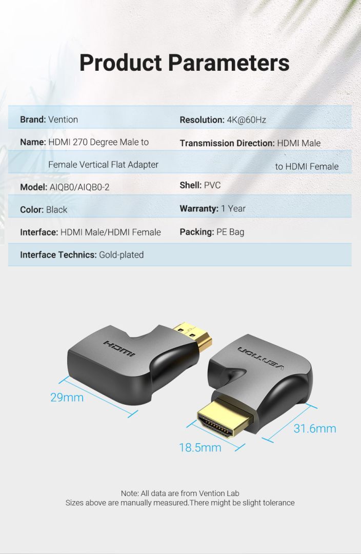 Vention HDMI 270 Degree Male to Female Vertical Flat Adapter Black