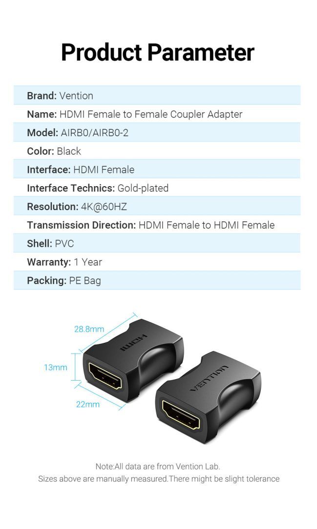 Vention HDMI Female to Female Coupler Adapter Black