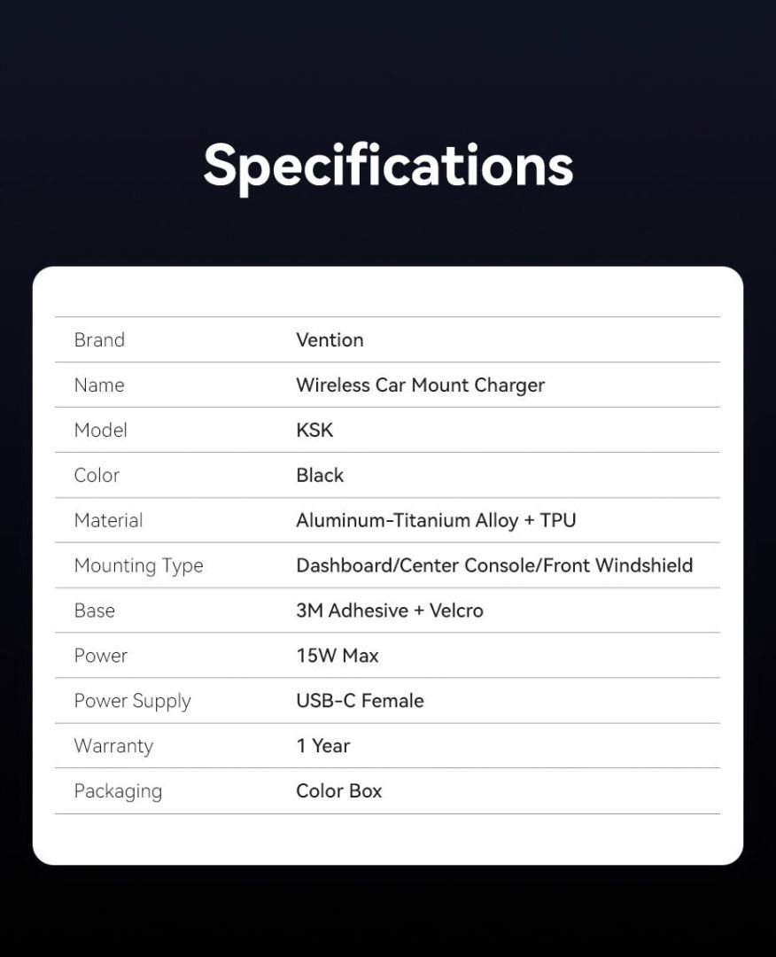 Vention Wireless Car Mount Charger Black Vention Wireless Car Mount Charger Black