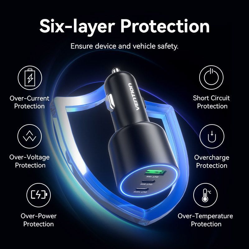 Vention Three-Port USB C+C+A (100W+30W+18W) Car Charger Black Vention Three-Port USB C+C+A (100W+30W+18W) Car Charger Black