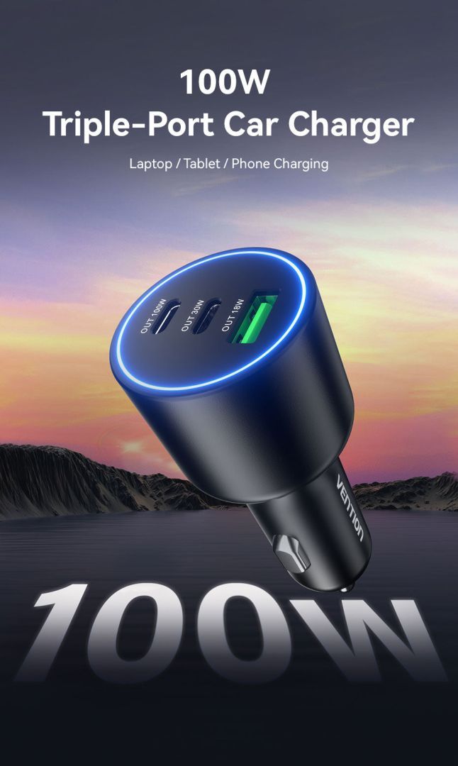 Vention Three-Port USB C+C+A (100W+30W+18W) Car Charger Black Vention Three-Port USB C+C+A (100W+30W+18W) Car Charger Black