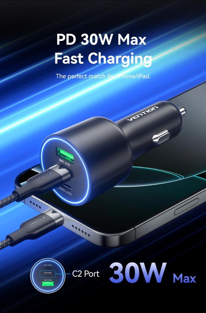 Vention Three-Port USB C+C+A (100W+30W+18W) Car Charger Black Vention Three-Port USB C+C+A (100W+30W+18W) Car Charger Black