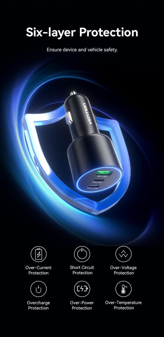 Vention Three-Port USB C+C+A (100W+30W+18W) Car Charger Black Vention Three-Port USB C+C+A (100W+30W+18W) Car Charger Black