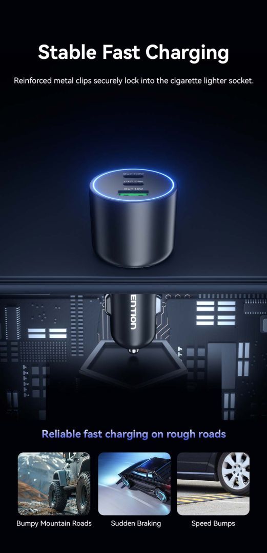 Vention Three-Port USB C+C+A (100W+30W+18W) Car Charger Black Vention Three-Port USB C+C+A (100W+30W+18W) Car Charger Black