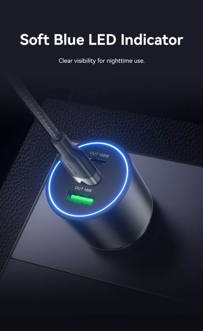 Vention Three-Port USB C+C+A (100W+30W+18W) Car Charger Black Vention Three-Port USB C+C+A (100W+30W+18W) Car Charger Black