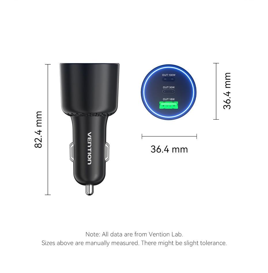 Vention Three-Port USB C+C+A (100W+30W+18W) Car Charger Black Vention Three-Port USB C+C+A (100W+30W+18W) Car Charger Black