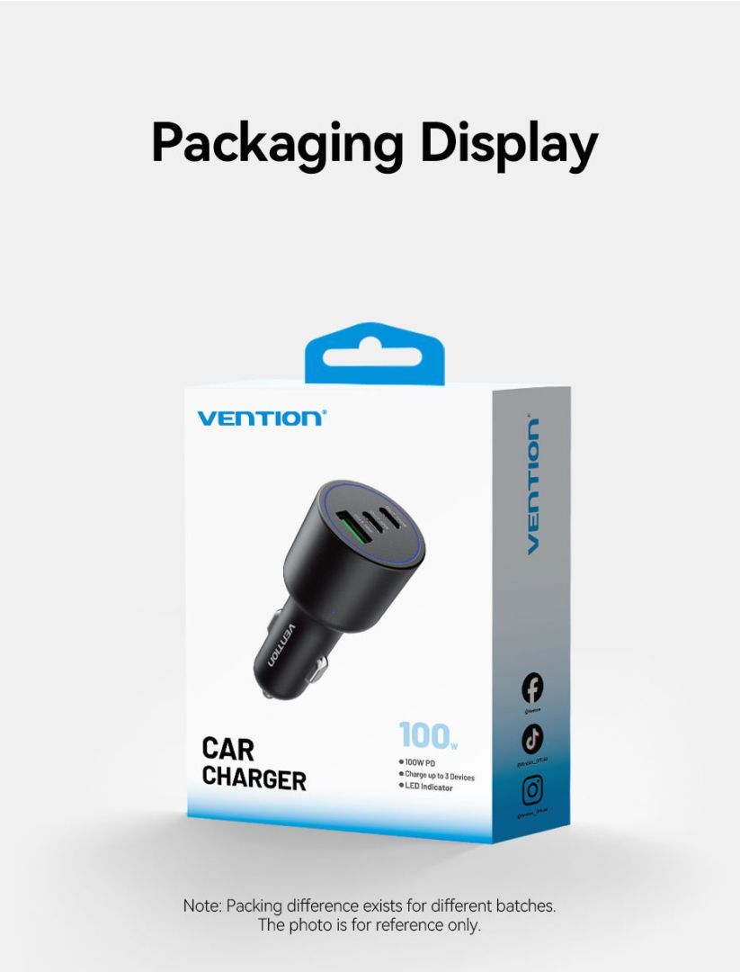Vention Three-Port USB C+C+A (100W+30W+18W) Car Charger Black Vention Three-Port USB C+C+A (100W+30W+18W) Car Charger Black