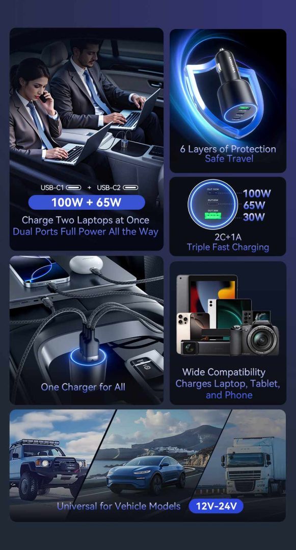 Vention Three-Port USB C+C+A (100W+65W+30W) Car Charger Black Vention Three-Port USB C+C+A (100W+65W+30W) Car Charger Black
