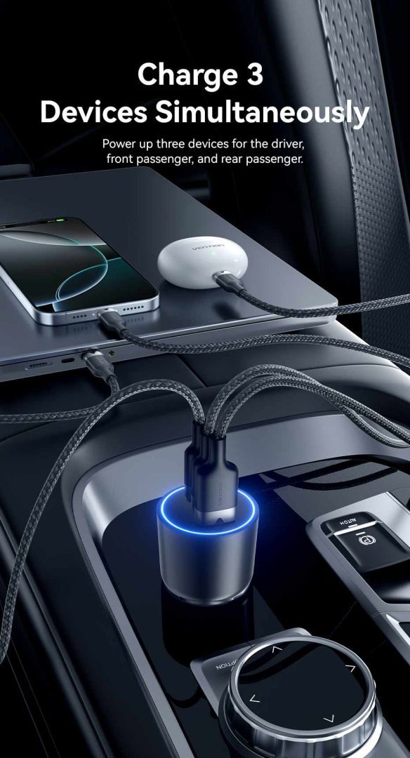 Vention Three-Port USB C+C+A (100W+65W+30W) Car Charger Black Vention Three-Port USB C+C+A (100W+65W+30W) Car Charger Black
