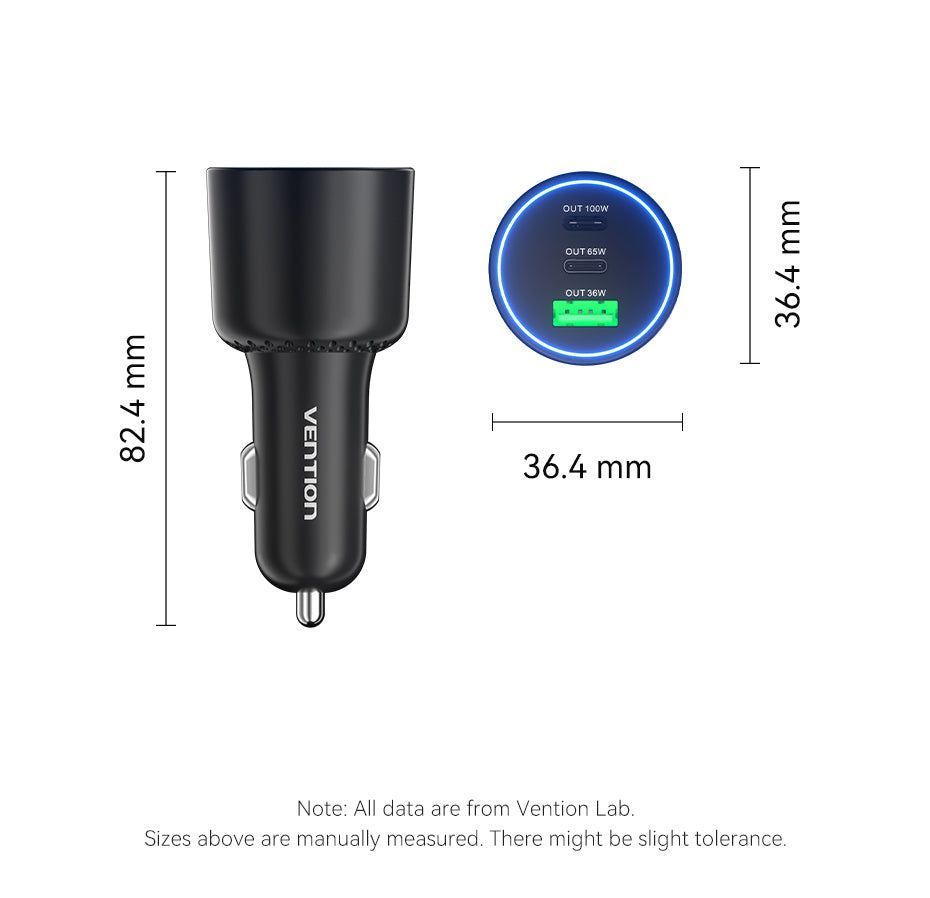 Vention Three-Port USB C+C+A (100W+65W+30W) Car Charger Black Vention Three-Port USB C+C+A (100W+65W+30W) Car Charger Black