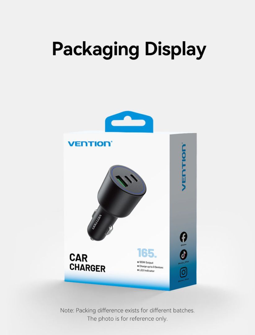 Vention Three-Port USB C+C+A (100W+65W+30W) Car Charger Black Vention Three-Port USB C+C+A (100W+65W+30W) Car Charger Black