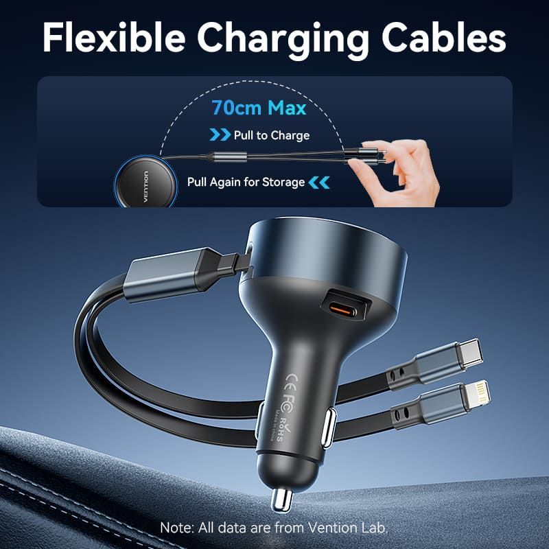 Vention Car Charger with Built-In Cable Black Vention Car Charger with Built-In Cable Black