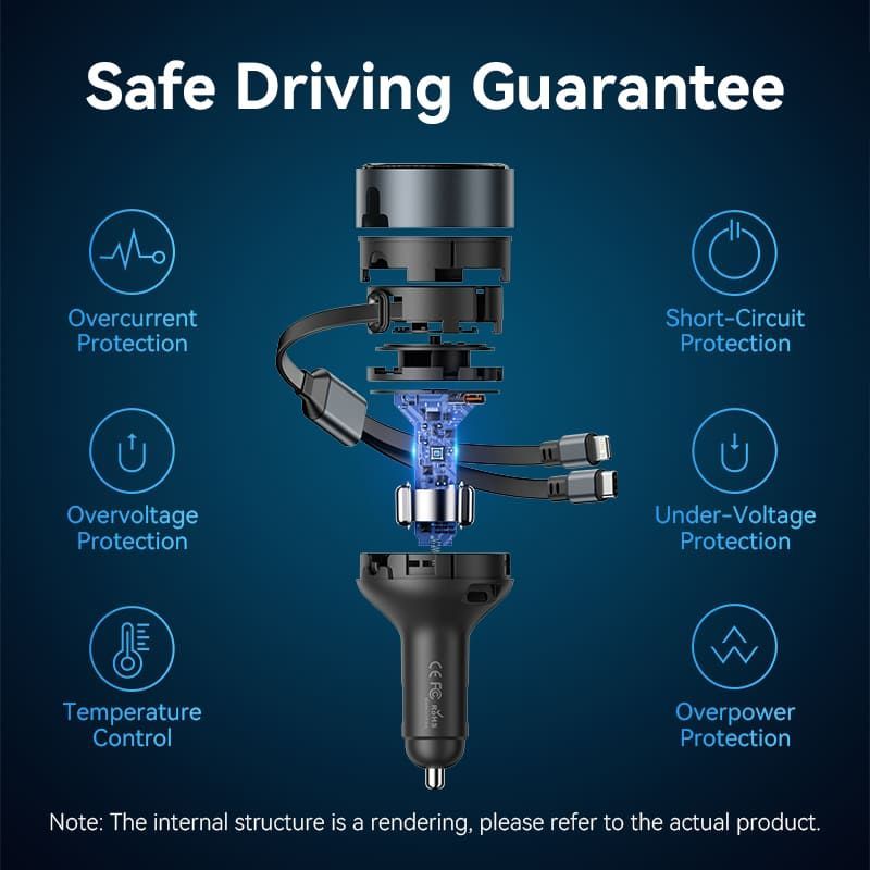 Vention Car Charger with Built-In Cable Black Vention Car Charger with Built-In Cable Black