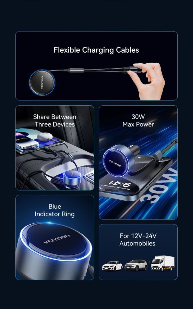 Vention Car Charger with Built-In Cable Black Vention Car Charger with Built-In Cable Black