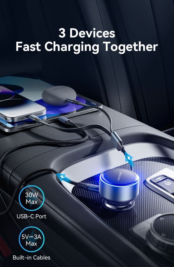 Vention Car Charger with Built-In Cable Black Vention Car Charger with Built-In Cable Black