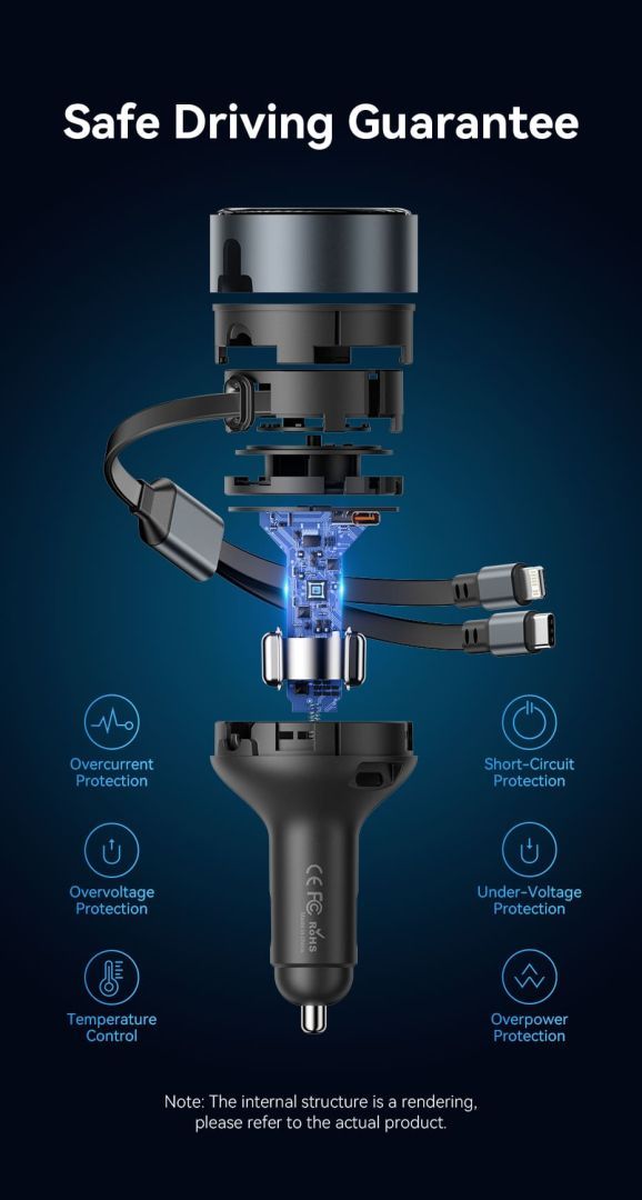 Vention Car Charger with Built-In Cable Black Vention Car Charger with Built-In Cable Black