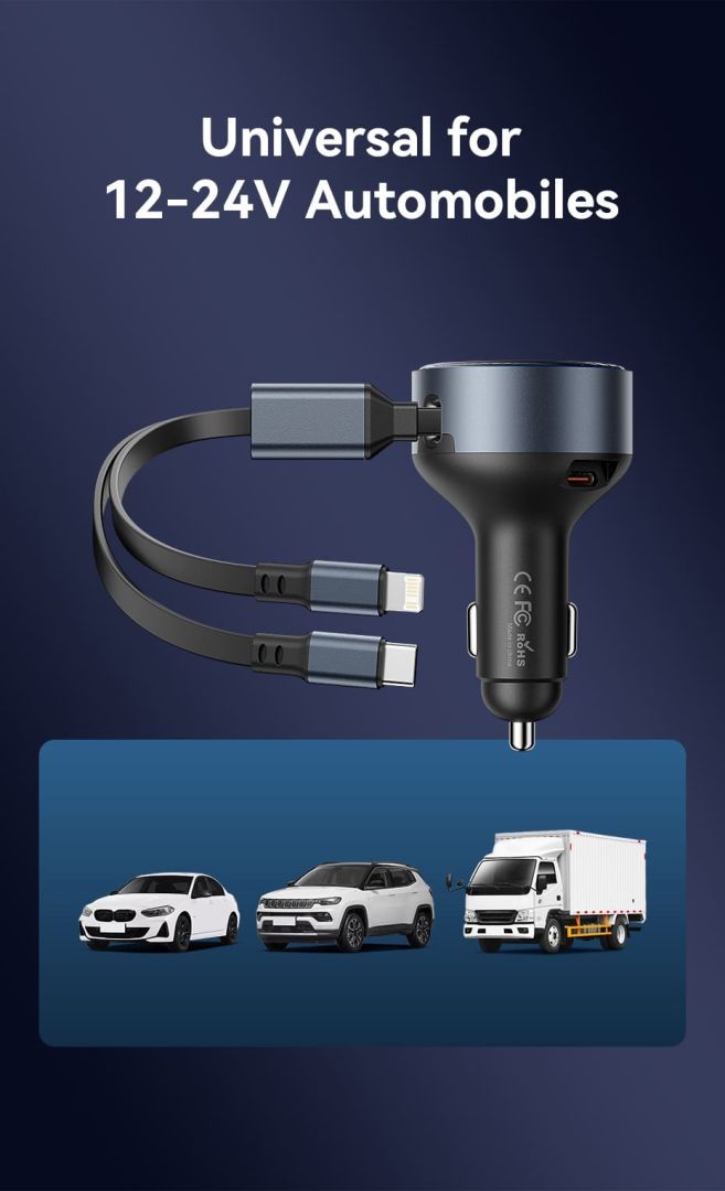 Vention Car Charger with Built-In Cable Black Vention Car Charger with Built-In Cable Black