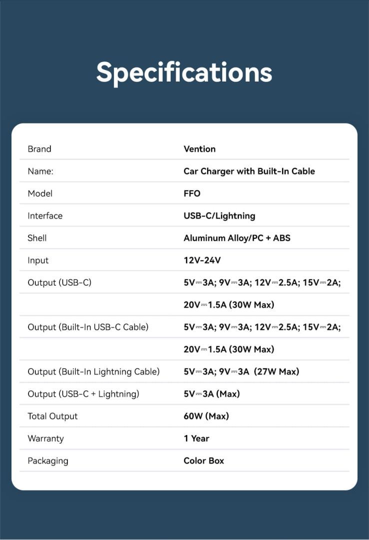 Vention Car Charger with Built-In Cable Black Vention Car Charger with Built-In Cable Black