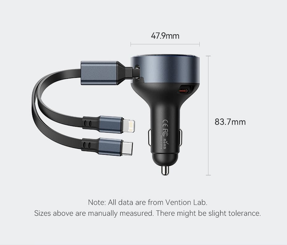 Vention Car Charger with Built-In Cable Black Vention Car Charger with Built-In Cable Black