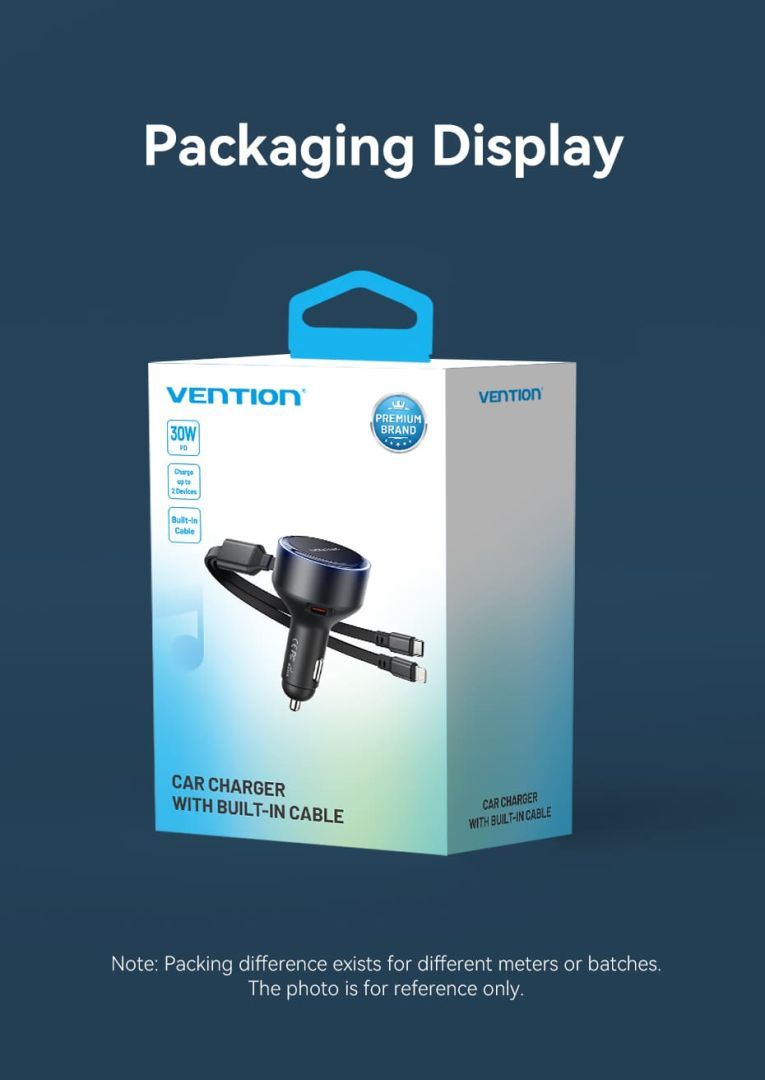 Vention Car Charger with Built-In Cable Black Vention Car Charger with Built-In Cable Black