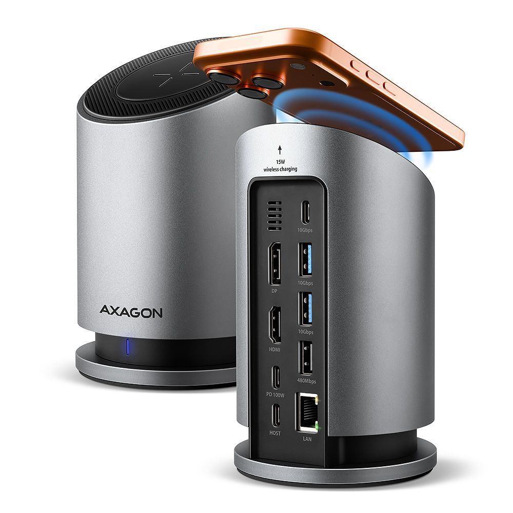 AXAGON HMC-WL9 9in1 hub USB-C 10 Gbps Wireless Charging Grey AXAGON HMC-WL9 9in1 hub USB-C 10 Gbps Wireless Charging Grey