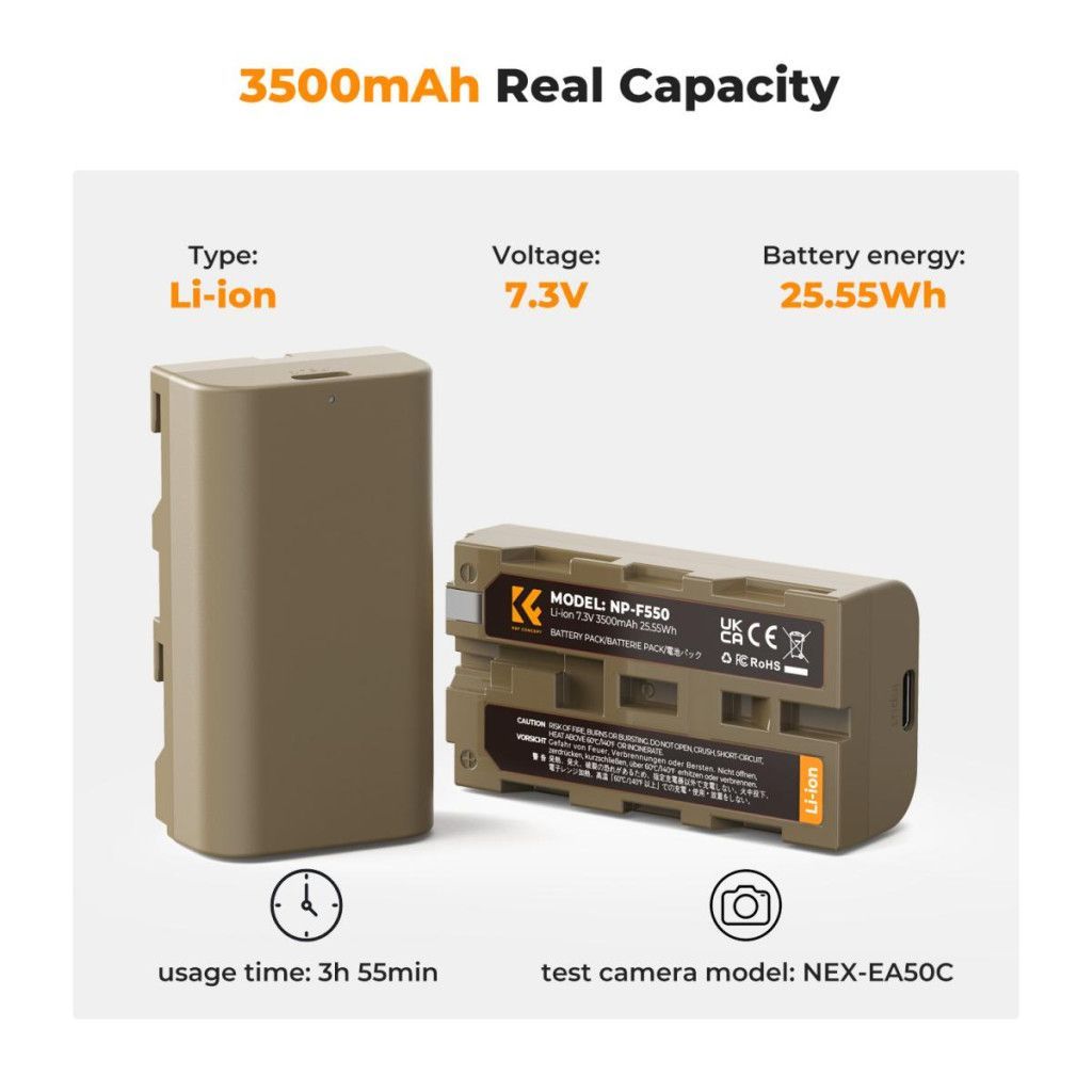 K&F Concept K&F Concep NP-F550 akkumulátor 3500mAh USB-C csatlakozóval K&F Concept K&F Concep NP-F550 akkumulátor 3500mAh USB-C csatlakozóval