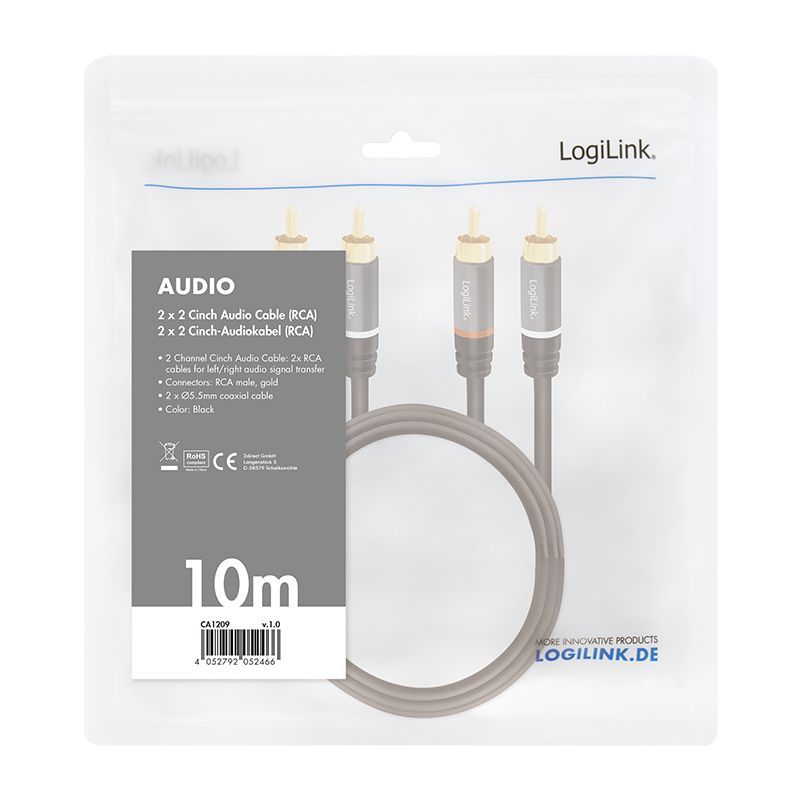 Logilink Audio cable 2xRCA/M to 2xRCA/M metal 10m Black Logilink Audio cable 2xRCA/M to 2xRCA/M metal 10m Black