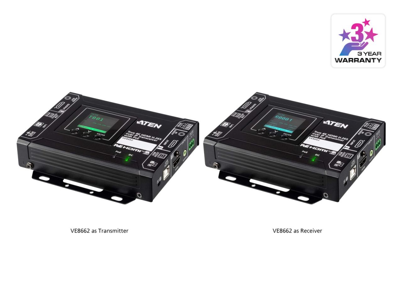 ATEN VE8662 True 4K HDMI H.265 over IP Transceiver with PoE ATEN VE8662 True 4K HDMI H.265 over IP Transceiver with PoE