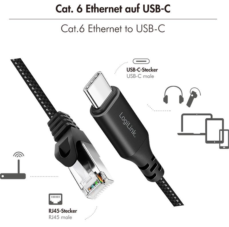 Logilink USB 3.2 Type-C Ethernet cable Black/Grey