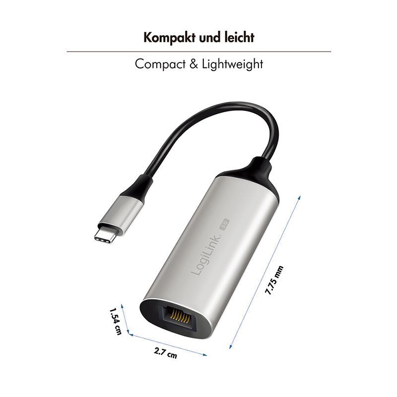 Logilink USB-C/M 3.2 Gen 1 to RJ45/F 5G Gigabit Ethernet Adapter Aluminium Logilink USB-C/M 3.2 Gen 1 to RJ45/F 5G Gigabit Ethernet Adapter Aluminium
