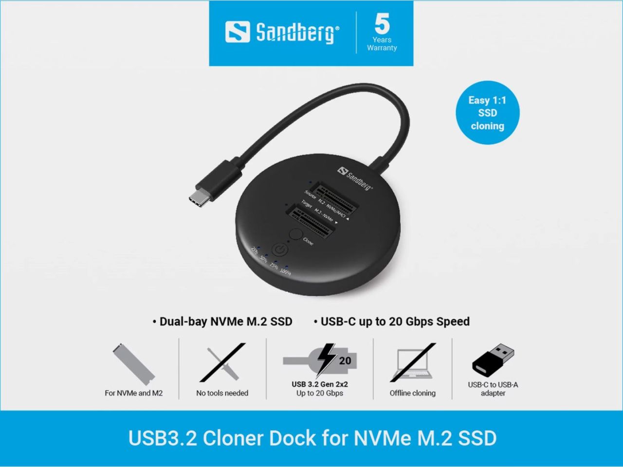 Sandberg Sandberg M.2 SSD dokkoló -USB3.2 Cloner Dock for M2+NVMe Sandberg Sandberg M.2 SSD dokkoló -USB3.2 Cloner Dock for M2+NVMe