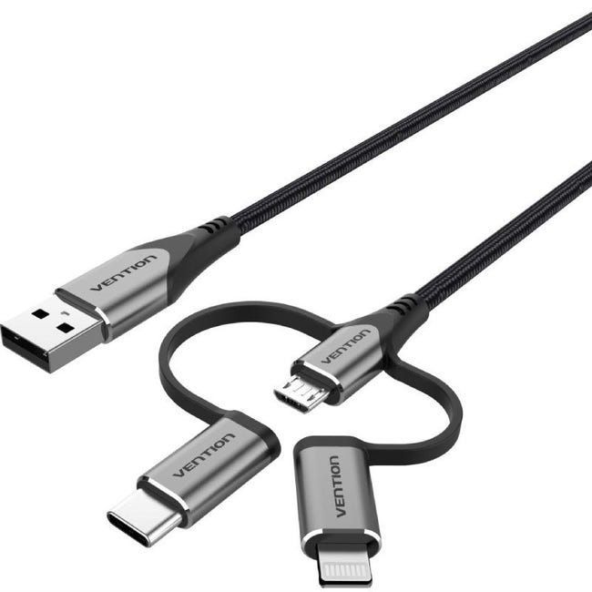 Vention USB 2.0 A Male to 3-in-1 Micro-B&USB-C&Lightning Male Cable 1m Grey