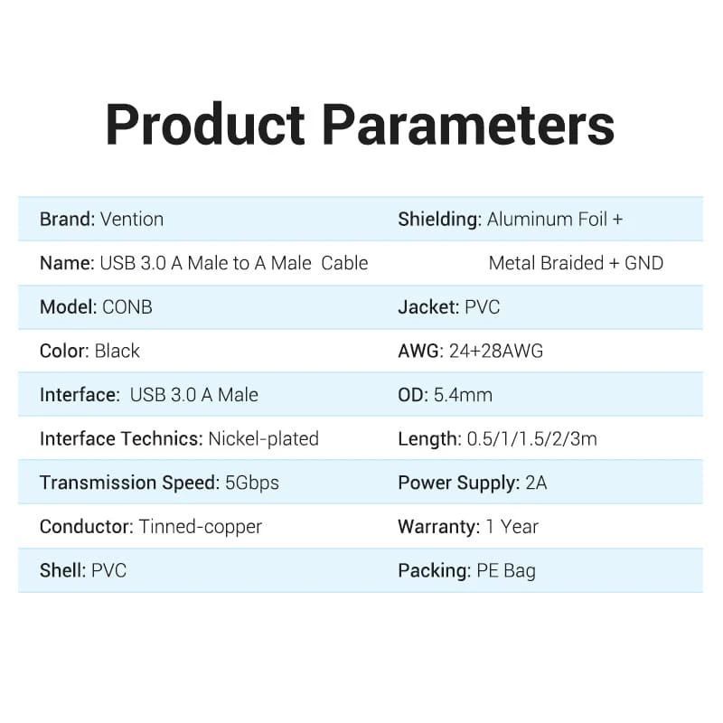 Vention USB 3.0 A Male to A Male Cable 0,5m Black