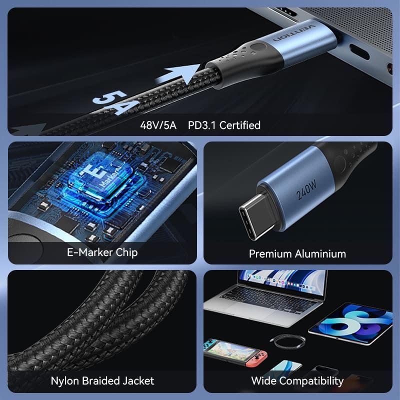 Vention USB 2.0 C Male to C Male 240W Cable 1m Black Vention USB 2.0 C Male to C Male 240W Cable 1m Black