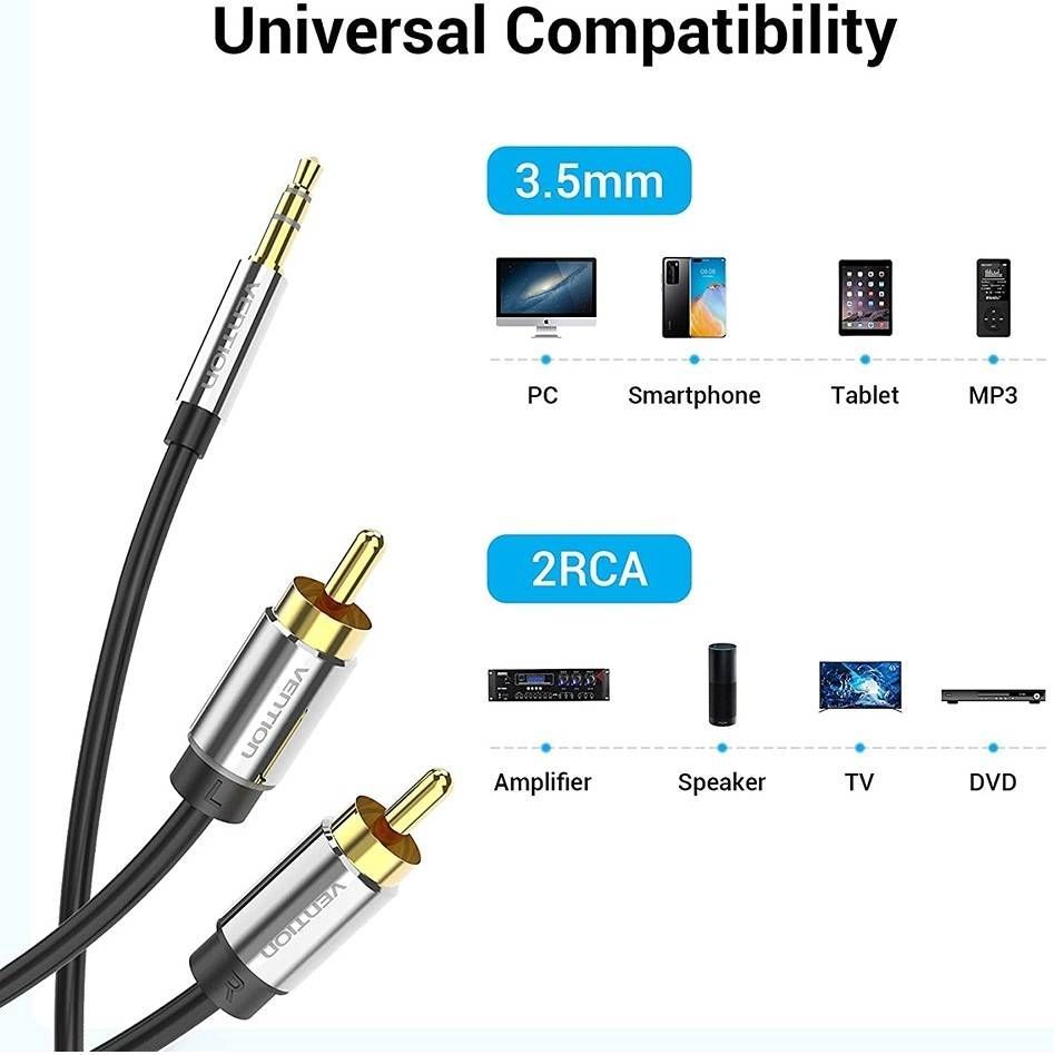 Vention 3.5mm Male to 2RCA Male Audio Cable 1m Black Vention 3.5mm Male to 2RCA Male Audio Cable 1m Black