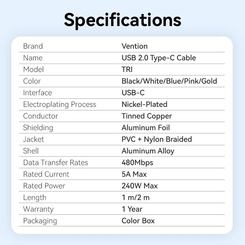 Vention USB-C to C 2.0 5A 240W cable 2m White