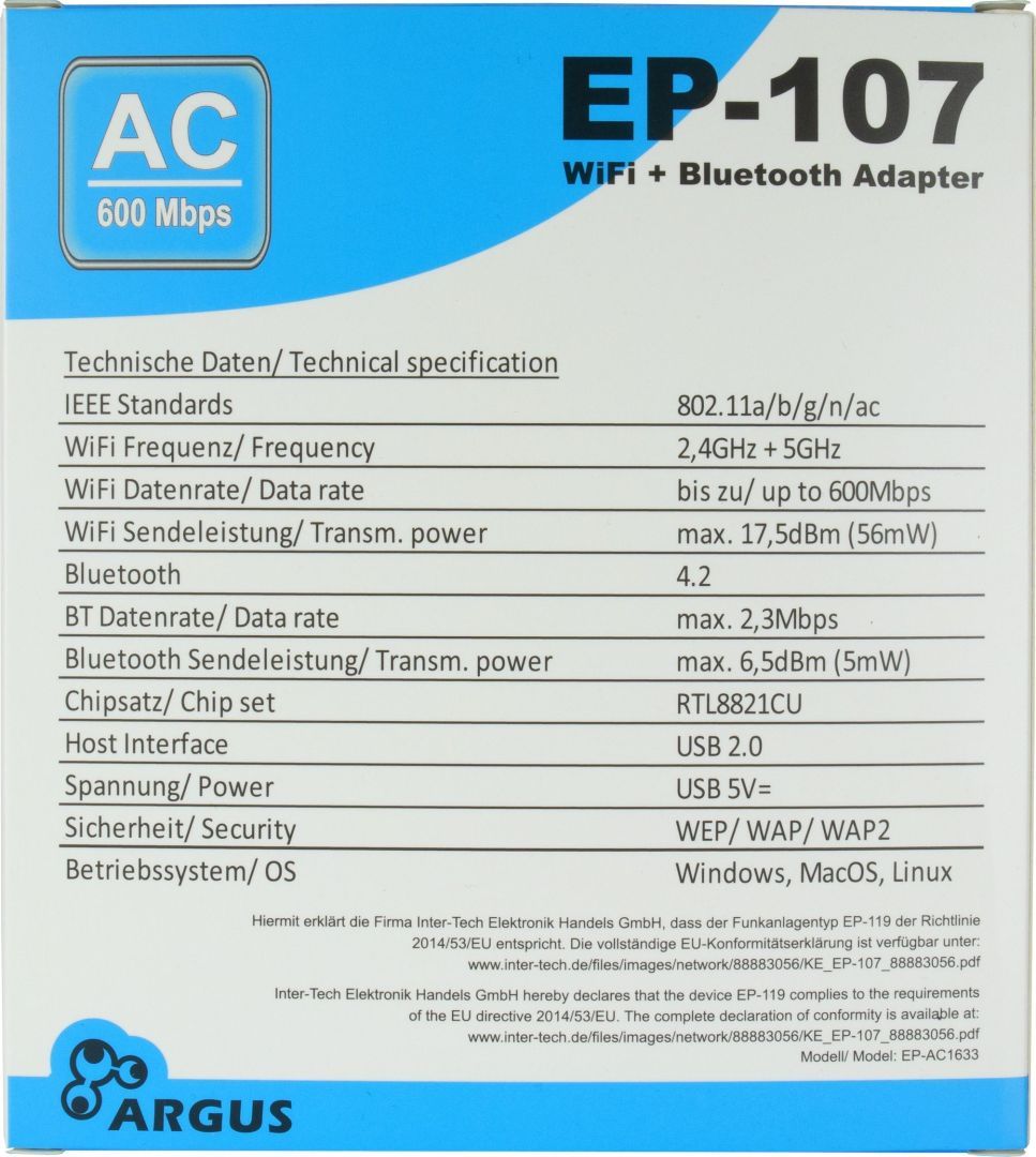 Inter-Tech EP-107 Small USB Adapter with WiFi 5 and Bluetooth 4.2 Inter-Tech EP-107 Small USB Adapter with WiFi 5 and Bluetooth 4.2