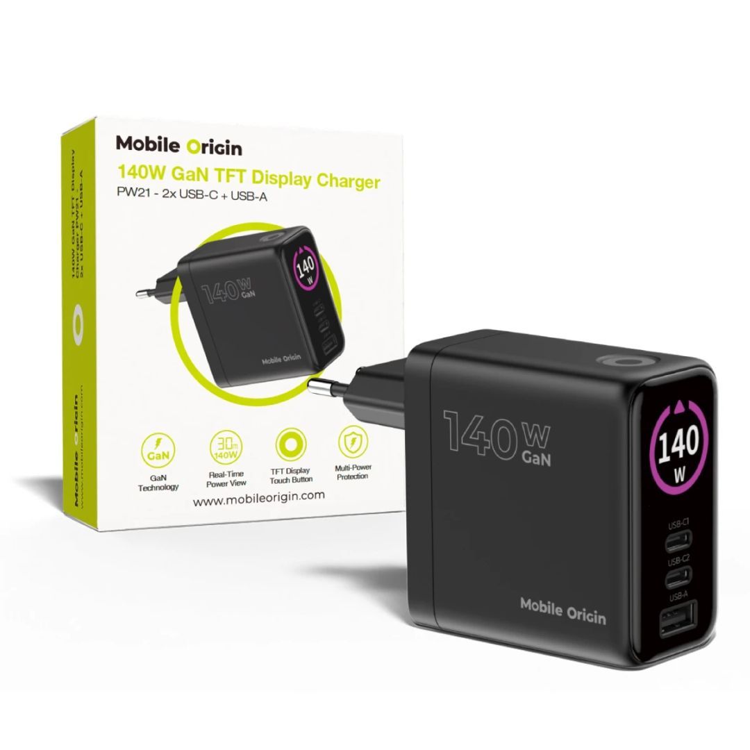 Mobile Origin 140W GaN Display Charger PW21 2x USB-C+USB-A Black