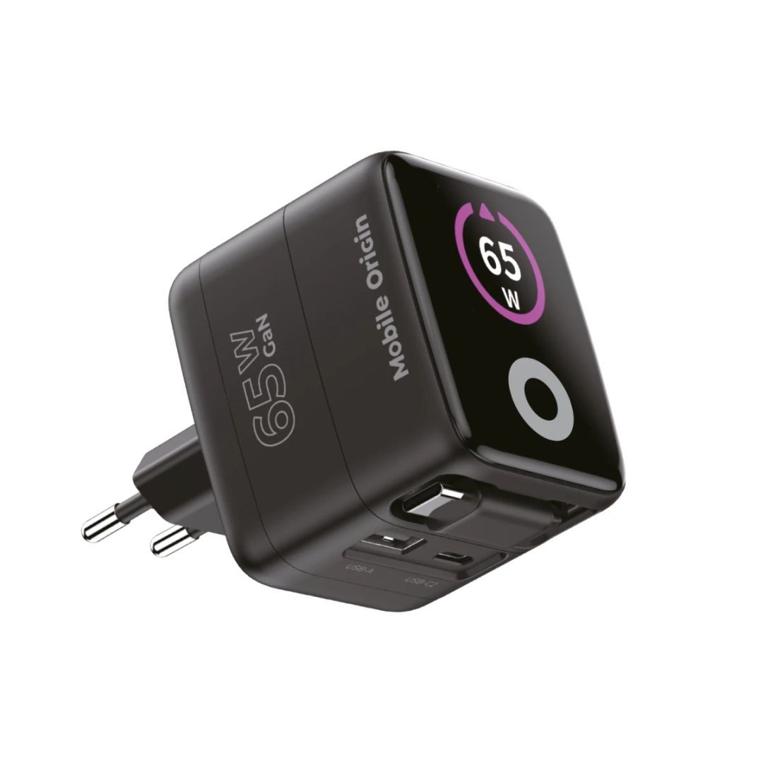 Mobile Origin 65W GaN Display Charger PW3 - USB-C Self-Retracting Cable+USB-C+USB-A Black