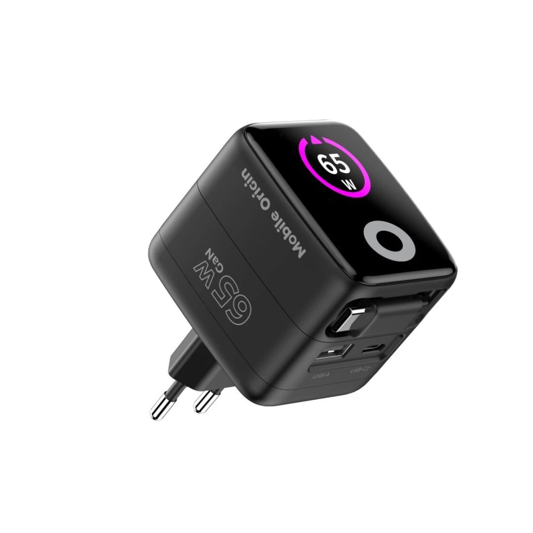 Mobile Origin 65W GaN Display Charger PW3 - USB-C Self-Retracting Cable+USB-C+USB-A Black