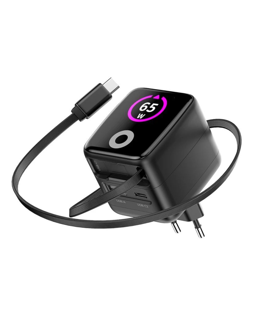 Mobile Origin 65W GaN Display Charger PW3 - USB-C Self-Retracting Cable+USB-C+USB-A Black