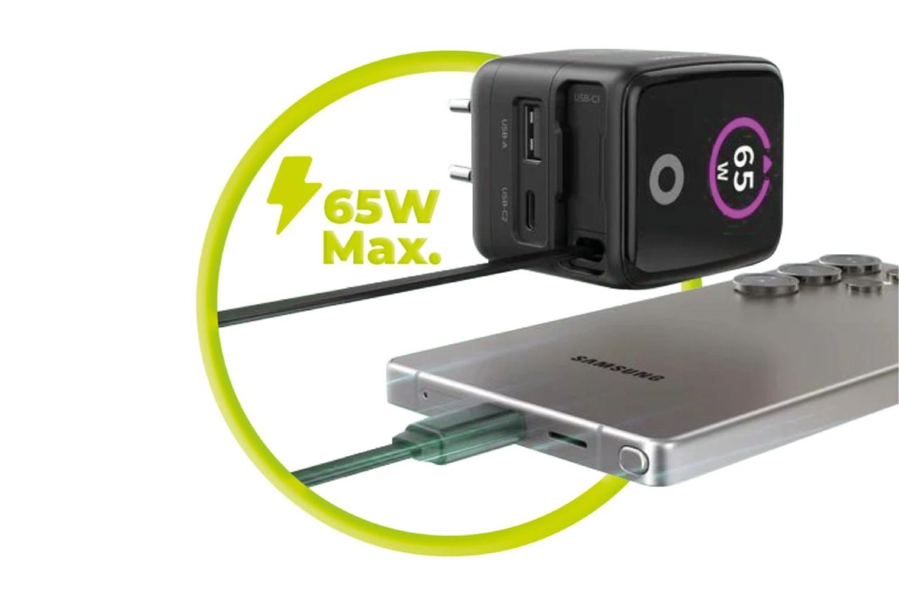 Mobile Origin 65W GaN Display Charger PW3 - USB-C Self-Retracting Cable+USB-C+USB-A Black