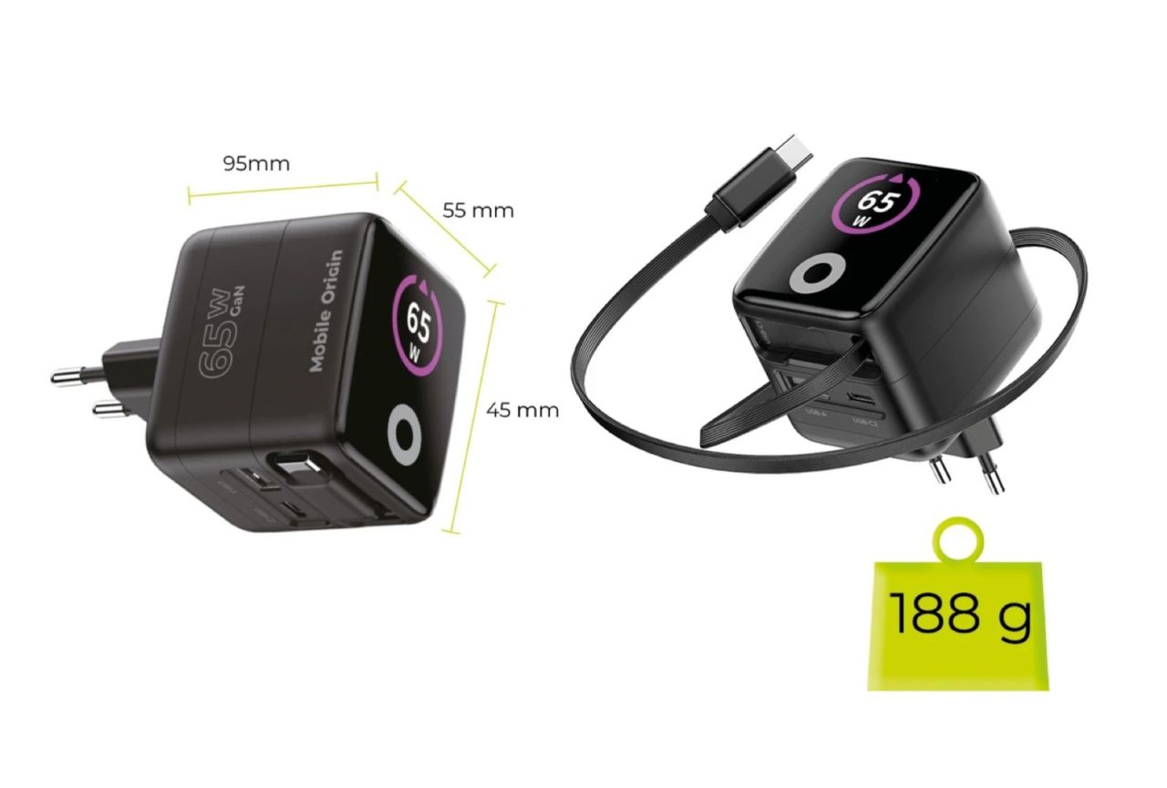 Mobile Origin 65W GaN Display Charger PW3 - USB-C Self-Retracting Cable+USB-C+USB-A Black