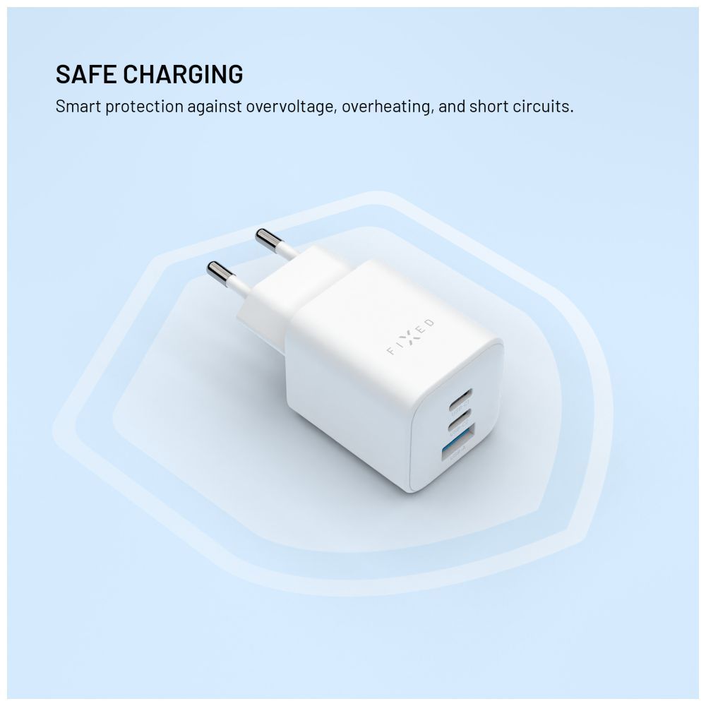 FIXED Mini 2x USB-C, USB-A GaN töltő adapter 65W, fehér