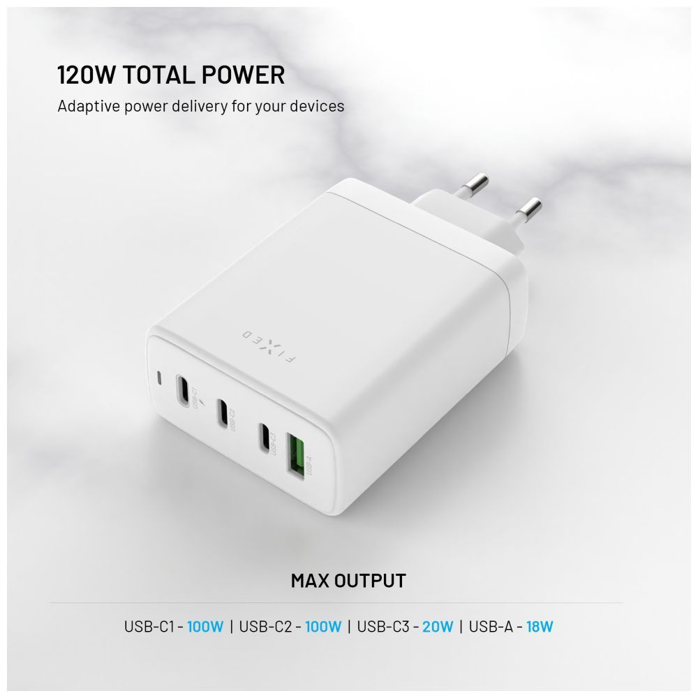 FIXED GaN 3xUSB-C/USB utazós töltő 120W, fehér
