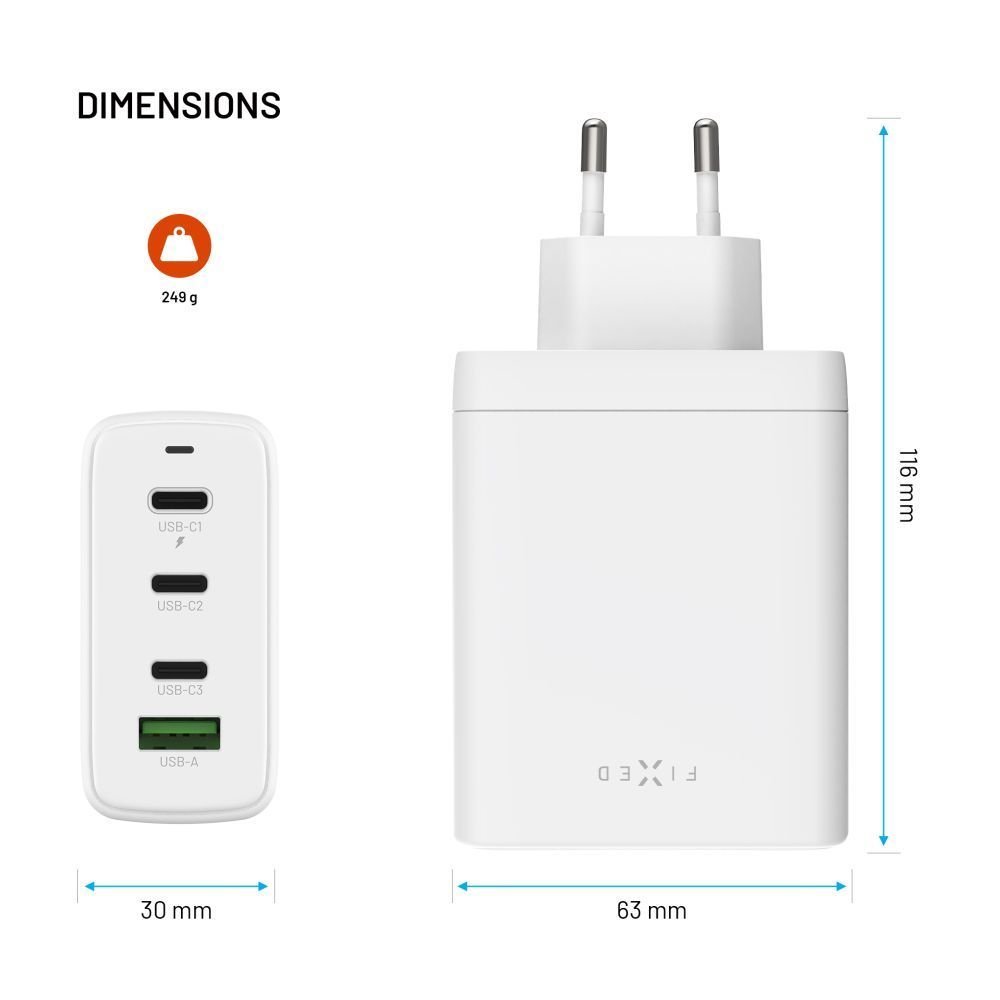 FIXED GaN 3xUSB-C/USB utazós töltő 120W, fehér