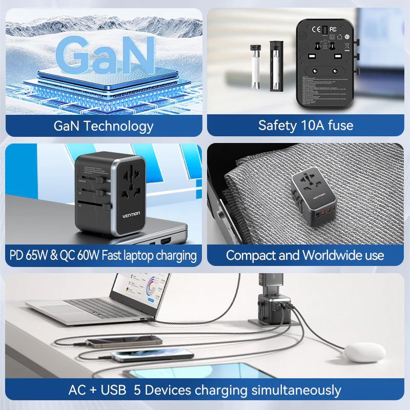Vention 4-Port USB GaN Universal Travel Adapter Black