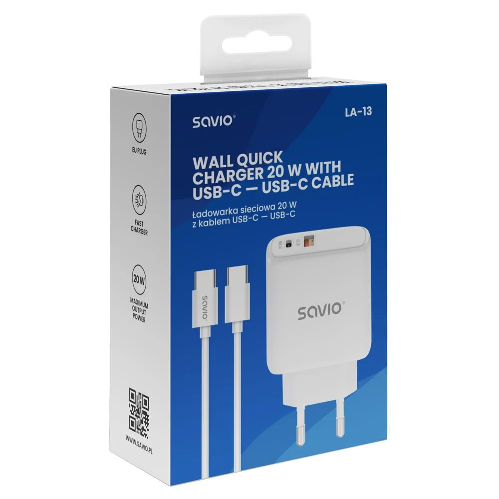 Savio LA-13 Wall quick charger 20W with USB-C cable White Savio LA-13 Wall quick charger 20W with USB-C cable White
